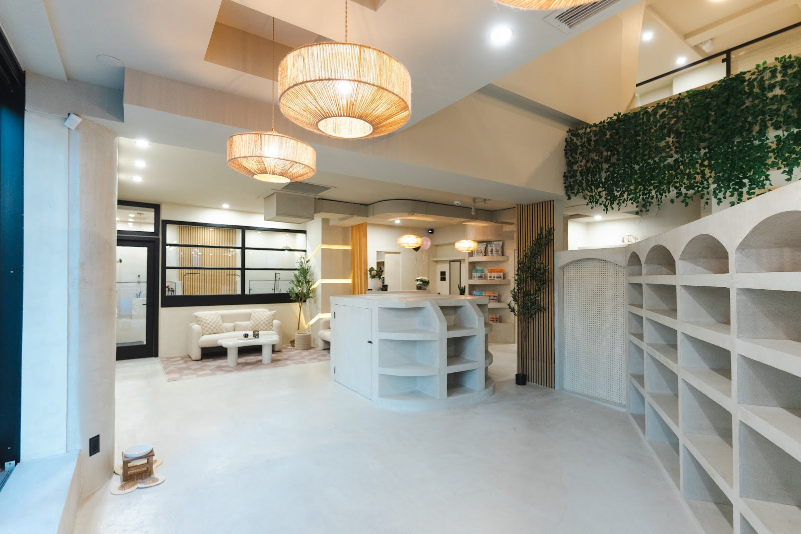 Bright modern dog daycare reception with rattan pendant lights, a boucle lounge, a curved plaster desk, and arched cubby shelves.