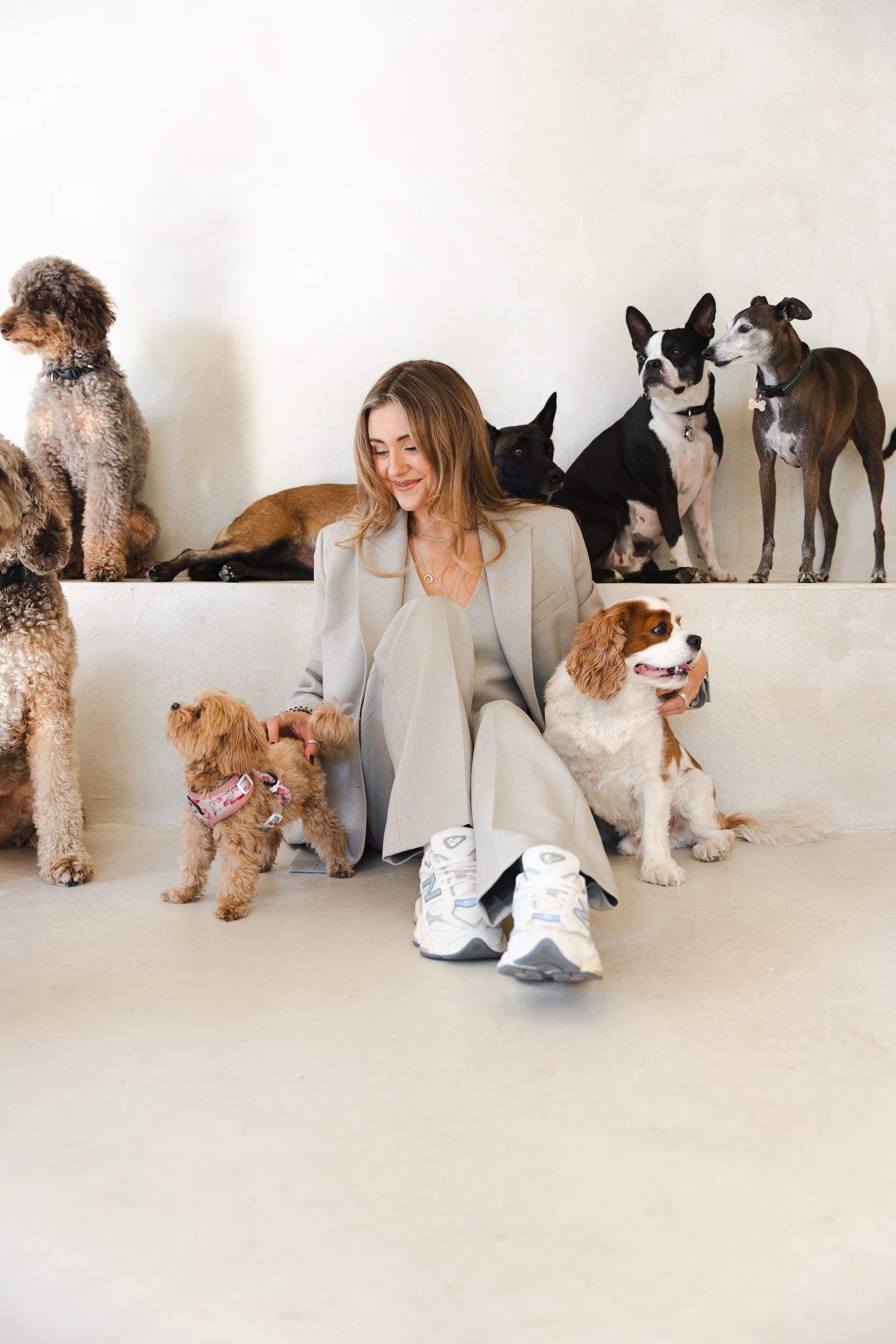Woman in a beige suit on the floor smiles down at a small apricot dog while several other dogs sit around her.